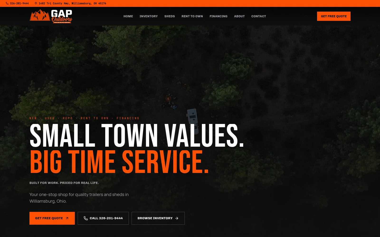GAP Outdoors trailer and shed dealership website designed by Camarca Digital Designs