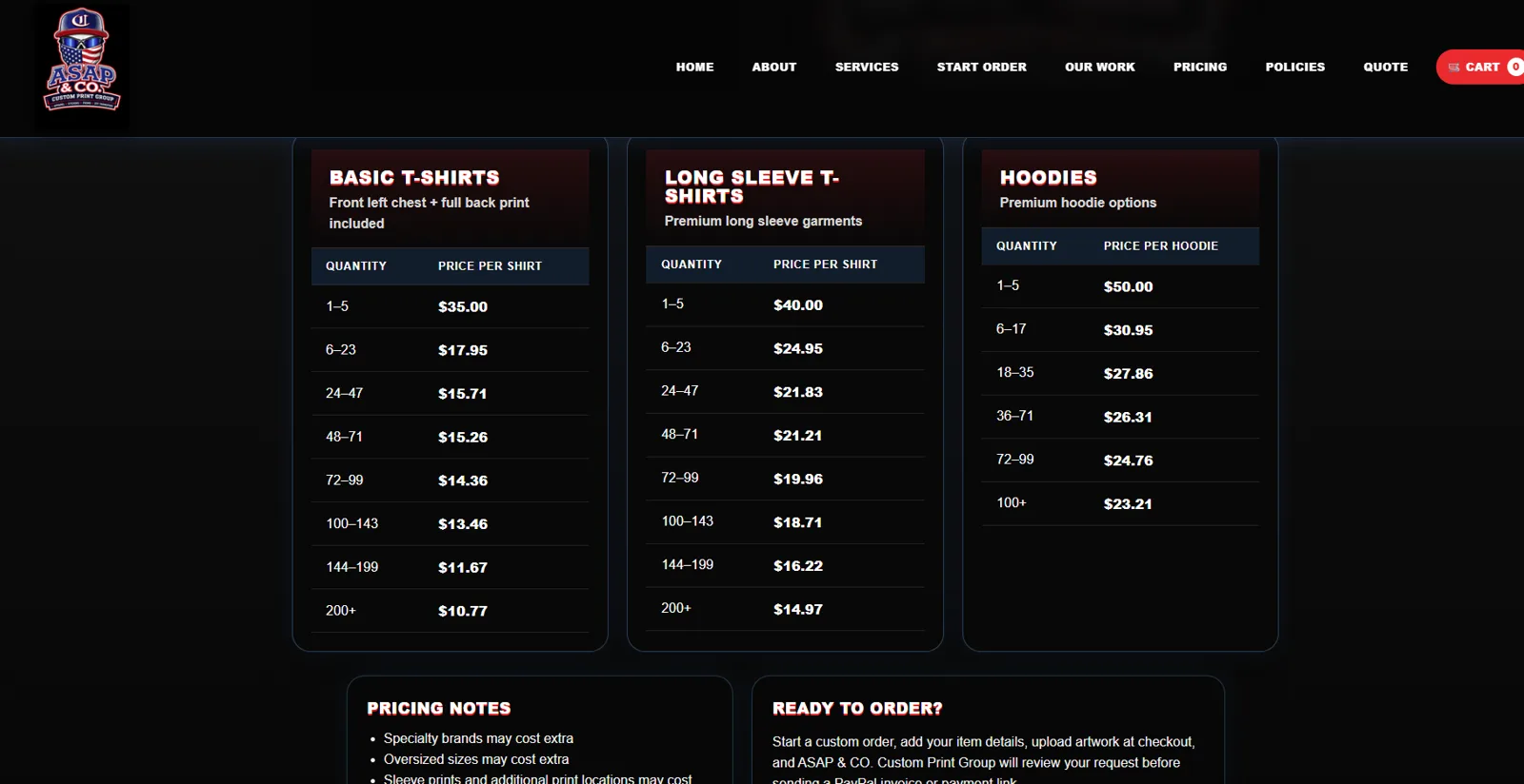 ASAP & CO. organized pricing page layout